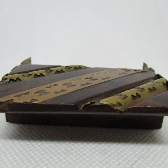VTG BRASS WOOD PILLBOX Slide Open Top Trinket Box Trinket Box Small Jewelry Box - Picture 6 of 10